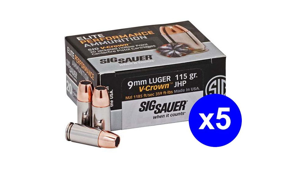 SIG SAUER Elite V-Crown 9mm Luger 115 Grain Jacketed Hollow Point Brass Cased Centerfire Pistol Ammo