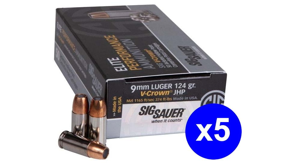 SIG SAUER Elite V-Crown 9mm Luger 124 Grain Jacketed Hollow Point Brass Cased Centerfire Pistol Ammo