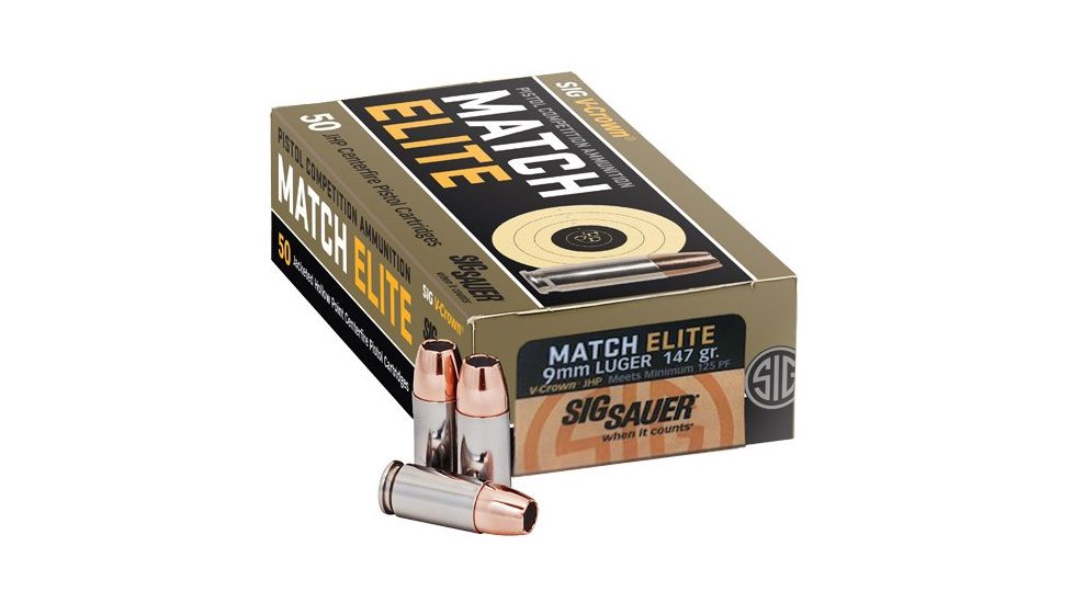 SIG SAUER Elite V-Crown Competition Pistol Ammunition, 9 mm Luger, 115 grain, Jacketed Hollow Point, 50 Rounds/ Box, Brass, E9MMA1-COMP-50
