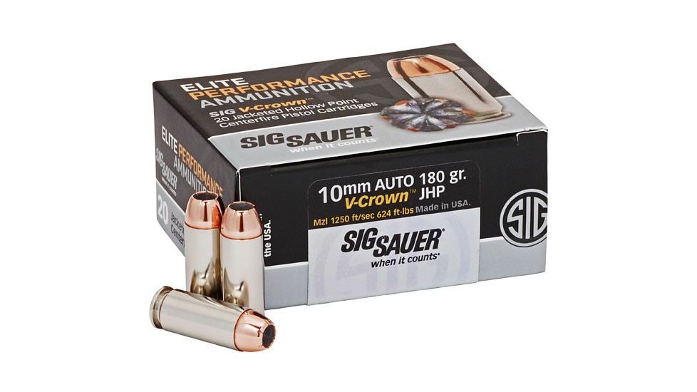 SIG SAUER Elite V-Crown Pistol Ammunition, 10mm Auto, 180 grain, Jacketed Hollow Point, 20 Rounds/ Box, Brass, E10MM1-20