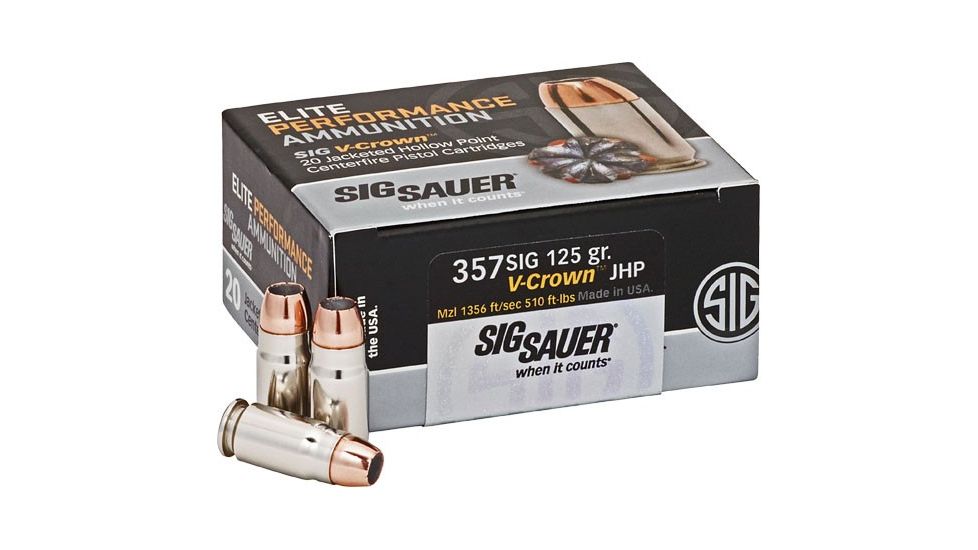 SIG SAUER Elite V-Crown Pistol Ammunition, .357 SIG, 125 grain, Jacketed Hollow Point, 20 Rounds/ Box, Brass, E357S1-20