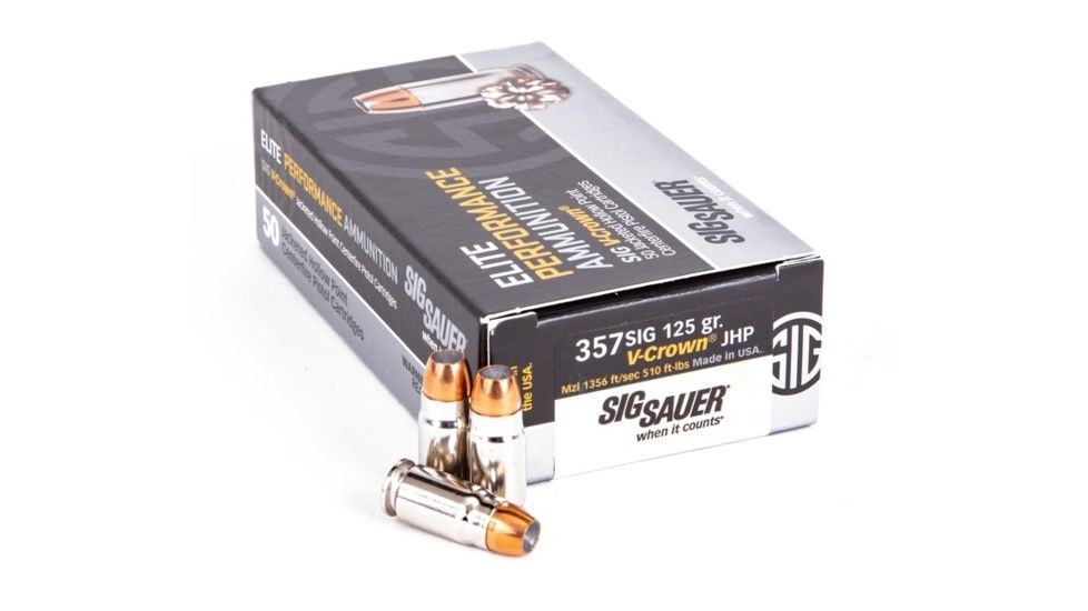 SIG SAUER Elite V-Crown Pistol Ammunition, .357 SIG, 125 grain, Jacketed Hollow Point, 50 Rounds/ Box, Brass, E357S1-50