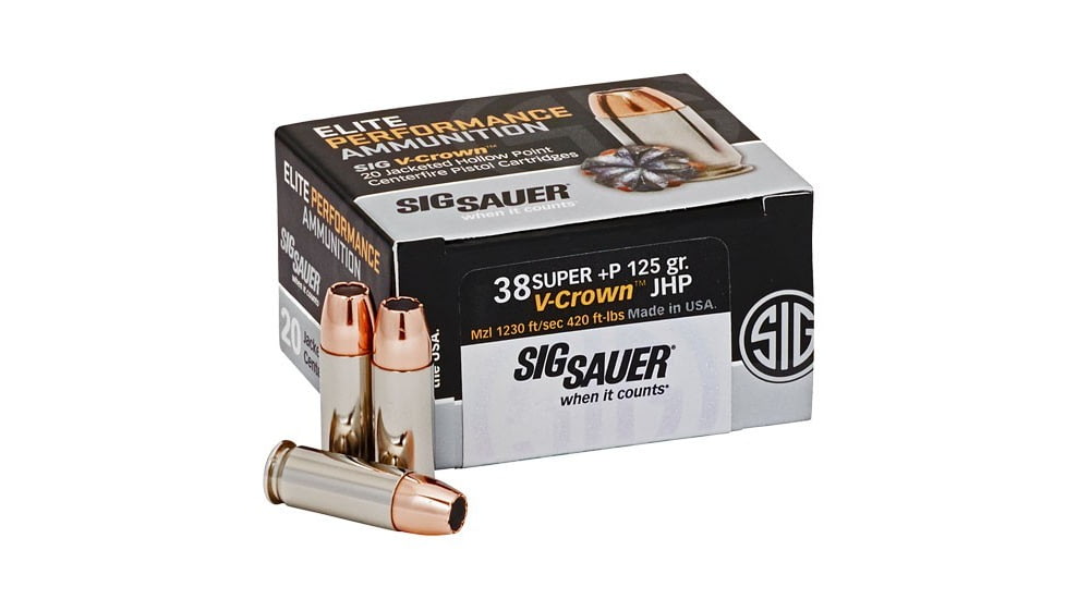 SIG SAUER Elite V-Crown Pistol Ammunition, .38 Super +P, 125 grain, Jacketed Hollow Point, 20 Rounds/ Box, Brass, E38SU1-20