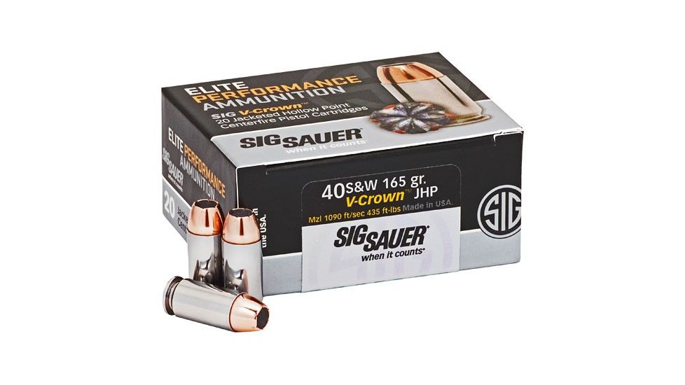 SIG SAUER Elite V-Crown Pistol Ammunition, .40 S&amp;W, 165 grain, Jacketed Hollow Point, 50 Rounds/ Box, Brass, E40SW1-50