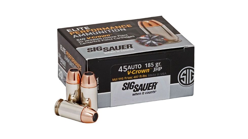 SIG SAUER V-Crown Ammo .45 ACP 185 grain Jacketed Hollow Point Brass Cased Centerfire Pistol Ammo, 20 Rounds, E45AP0-20