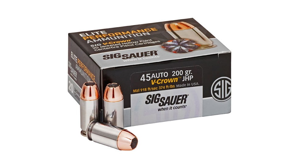 SIG SAUER Elite V-Crown Pistol Ammunition, .45 ACP, 200 grain, Jacketed Hollow Point, 50 Rounds/ Box, Brass, E45AP1-50
