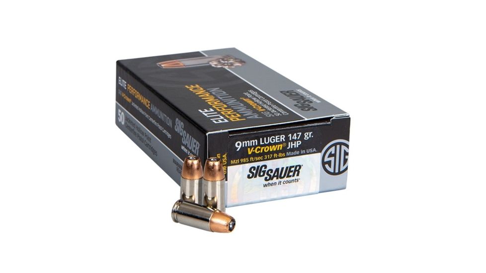 SIG SAUER Elite V-Crown Pistol Ammunition, 9 mm Luger, 147 grain, Jacketed Hollow Point, 50 Rounds/ Box, Brass, E9MMA3-50
