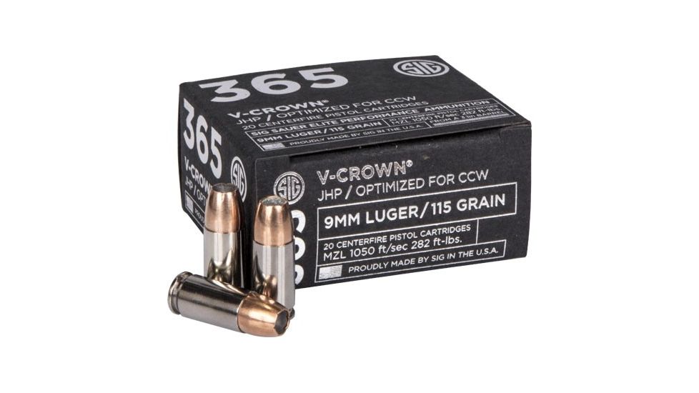 SIG SAUER Elite V-Crown Pistol Ammunition, Sig P365, 9 mm Luger, 115 grain, Jacketed Hollow Point, 20 Rounds/ Box, Brass, E9MMA1-365-20