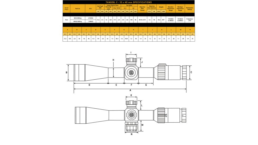 SIG SAUER Tango6 30mm Tube Tactical 2-12x40mm Rifle Scope Specifications