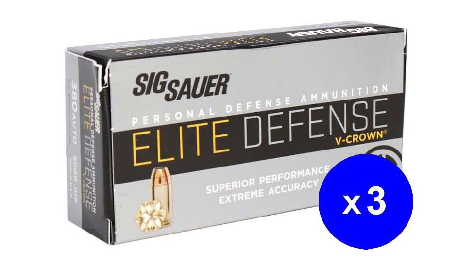 SIG SAUER V-Crown .380 ACP 90 Grain Jacketed Hollow Point Brass Cased Centerfire Pistol Ammo, 150 Rounds, E380A1-50-KIT1