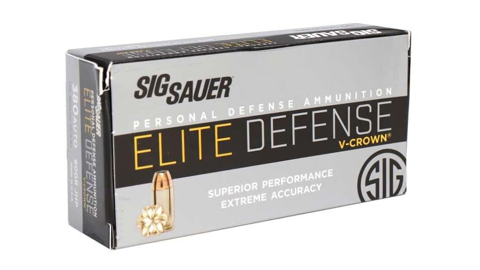SIG SAUER V-Crown .380 ACP 90 Grain Jacketed Hollow Point Brass Cased Centerfire Pistol Ammo, 50 Rounds, E380A1-50