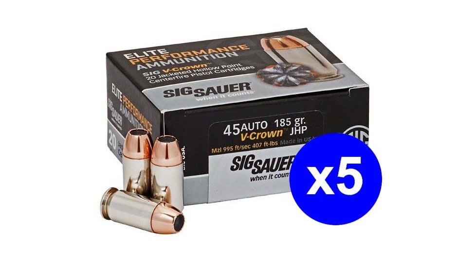 SIG SAUER V-Crown Ammo .45 ACP 185 grain Jacketed Hollow Point Brass Cased Centerfire Pistol Ammo