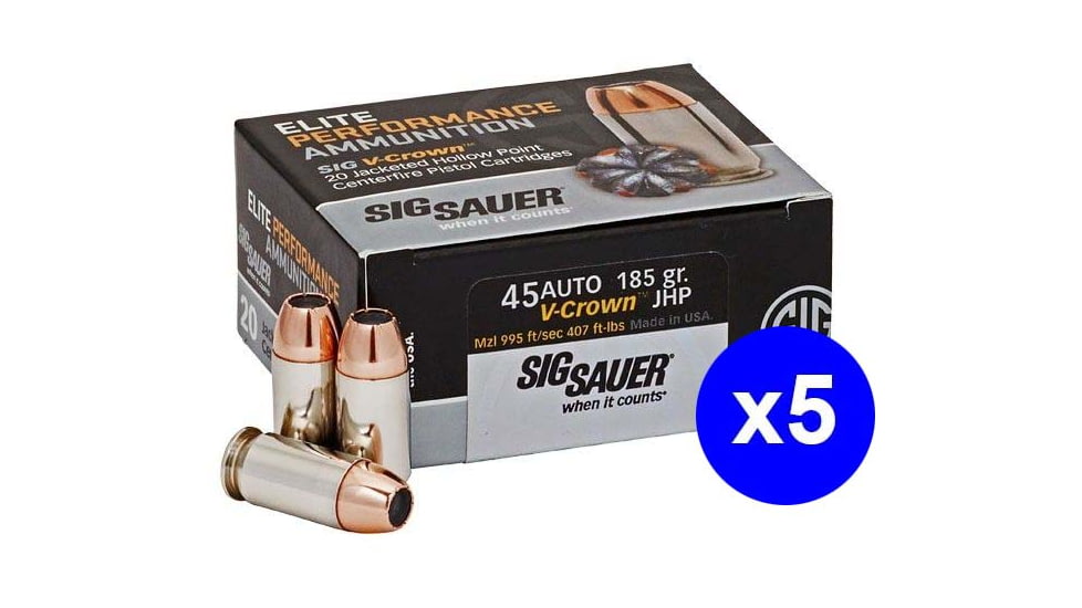 SIG SAUER V-Crown Ammo .45 ACP 185 grain Jacketed Hollow Point Brass Cased Centerfire Pistol Ammo