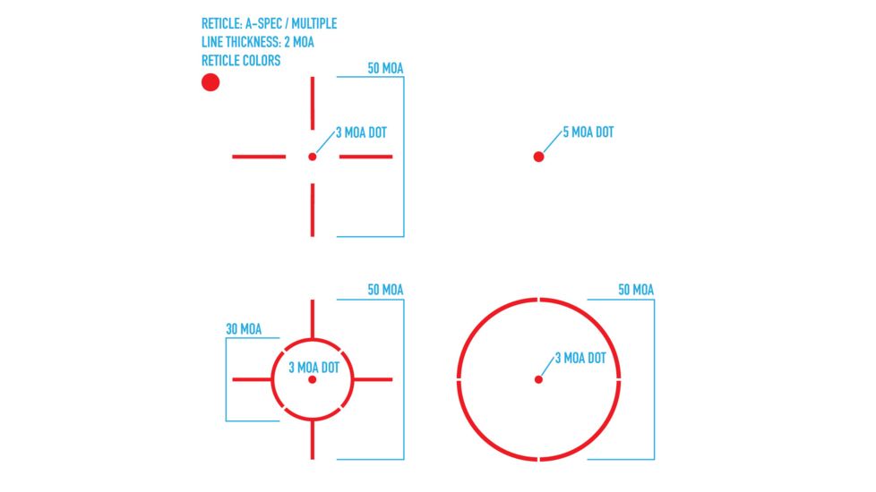 SightMark Ultra Shot Open 1x 33x24mm Reflex Red Dot Sight (A-Spec), 5 MOA dot, 3 MOA dot with 50 MOA circle, 3 MOA dot with 50 MOA crosshair, 3 MOA dot with 30 MOA circle/crosshair (subtensions total 50 MOA) Dark Earth, SM26032DE