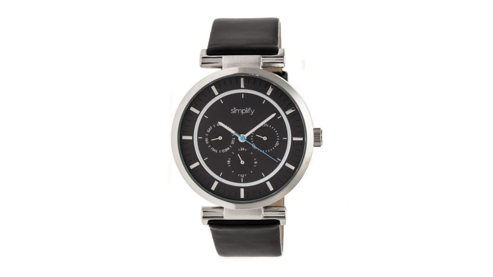 Simplify The 4800 Leather-Band Watch w/Day/Date, Silver/Black/Black, Standard SIM4804