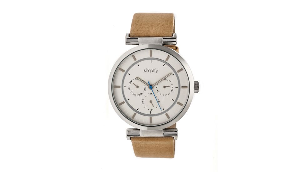 Simplify The 4800 Leather-Band Watch w/Day/Date, Silver/Black/Khaki-Tan, Standard SIM4805