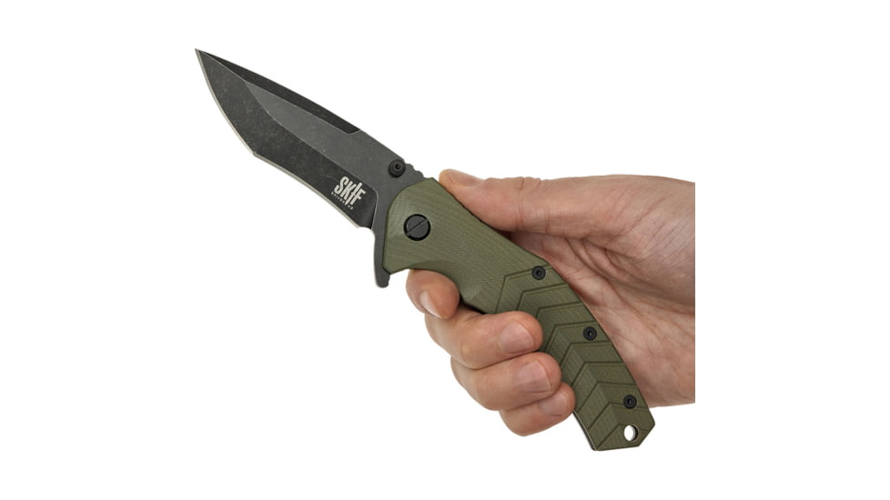 SKIF Knives Griffin BSW Olive Folding Knife, 5in Closed, 3.75in Black Stonewash Finish 9Cr18MoV Blade, OD Green G10 Handle, 422SEBG