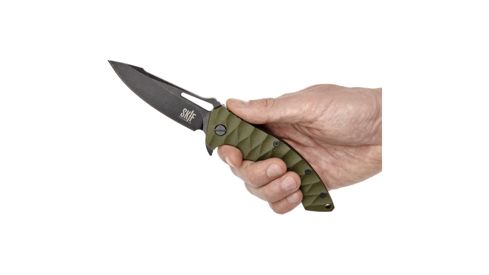 SKIF Knives Shark BSW Olive Folding Knife, 5in Closed, 3.75in Black Stonewash Finish 9Cr18MoV Blade, OD Green Sculpted G10 Handle, 421SEBG