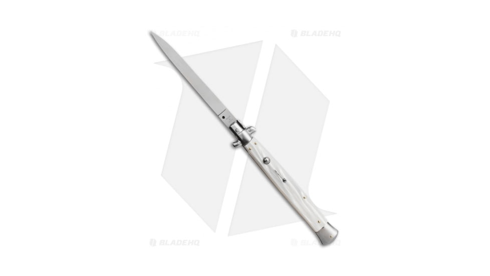 SKM 13 Italian Stiletto Automatic Folding Knife, 5.75in, Stainless Steel, Spear Point Blade, Acrylic, White Handle, White/Steel, 13.00 inch, BHQ-50967