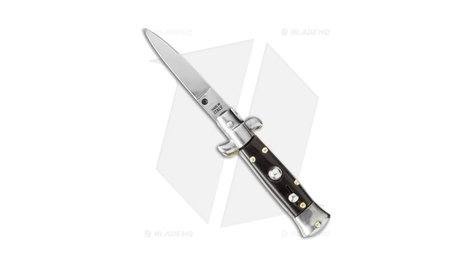 SKM 4.5 Italian Mini Stiletto Automatic Folding Knife, 2.00in, Stainless Steel, Drop Point Blade, Dark Horn, Black Handle, Black/Steel, 4.50 inch, BHQ-51034