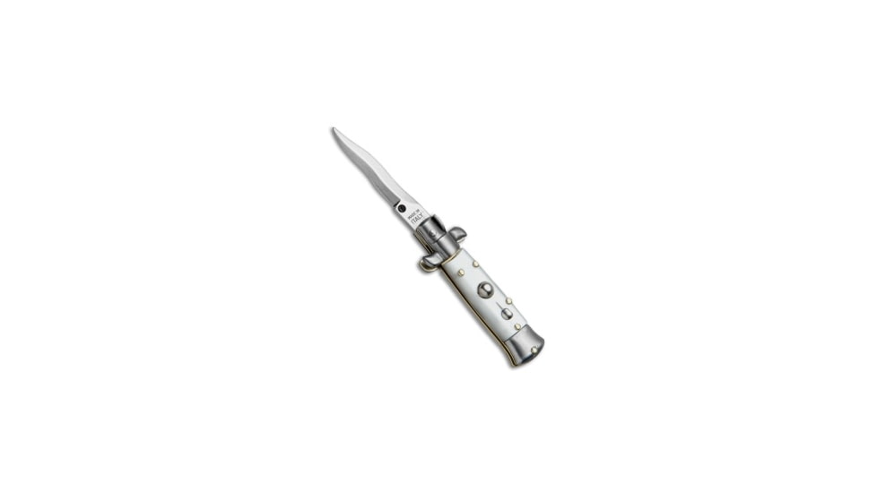 Skm SKM 4.5" Italian Mini Stiletto Automatic Knife White Acrylic 2" Satin Kris, White, Stainless Steel, adult, BHQ-52385