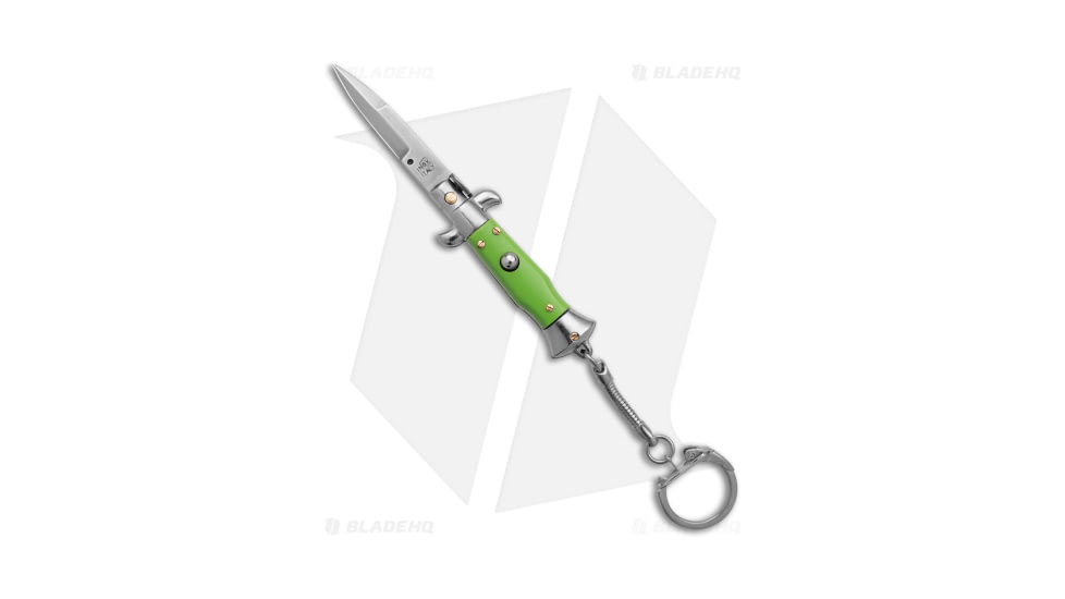 SKM 4 Keychain Stiletto Automatic Folding Knife, 1.625in, Stainless Steel, Bayonet Blade, Acrylic, Green Handle, Green/Gray, 4.00 inch, BHQ-183374