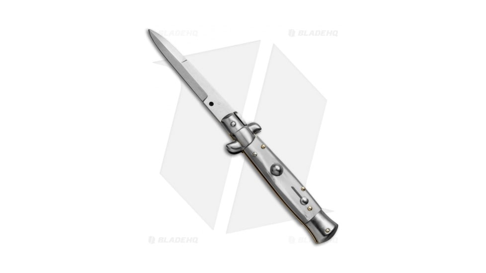 SKM 7 Italian Stiletto Automatic Folding Knife, 3.00in, Stainless Steel, Bayonet Blade, Acrylic, White Handle, White/Gray, 7.00 inch, BHQ-51143