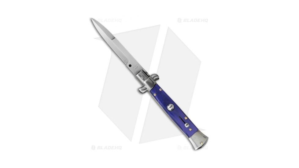 SKM 8 Italian Stiletto Automatic Folding Knife, 3.375in, Stainless Steel, Bayonet Blade, Acrylic, Blue Handle, Blue/Gray, 7.75 inch, BHQ-51016