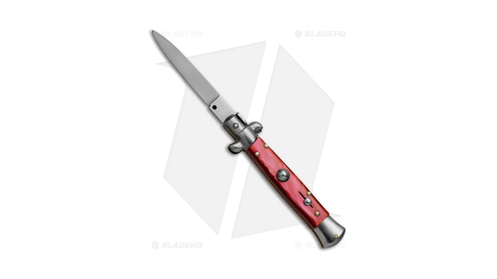 SKM 8 Italian Stiletto Automatic Folding Knife, 3.375in, Stainless Steel, Spear Point Blade, Acrylic, Red Handle, Red/Gray, 7.75 inch, BHQ-51102
