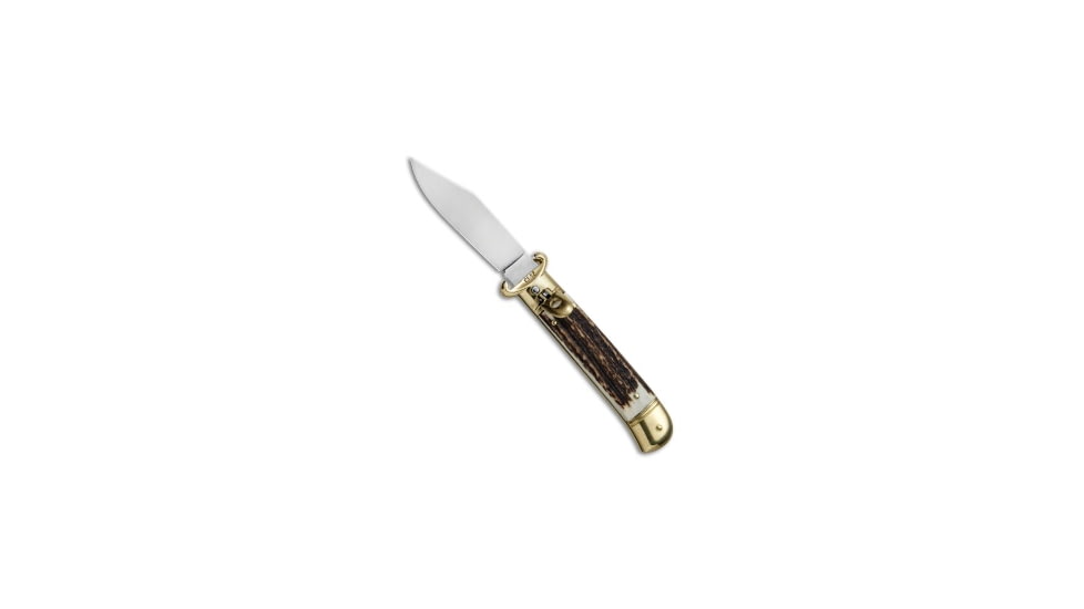 SKM 8 Italian Automatic Folding Knife, 3.25in, Stainless Steel, Clip Point Blade, Stag, Brown Handle, Brown/Steel, 7.75 inch, BHQ-81503