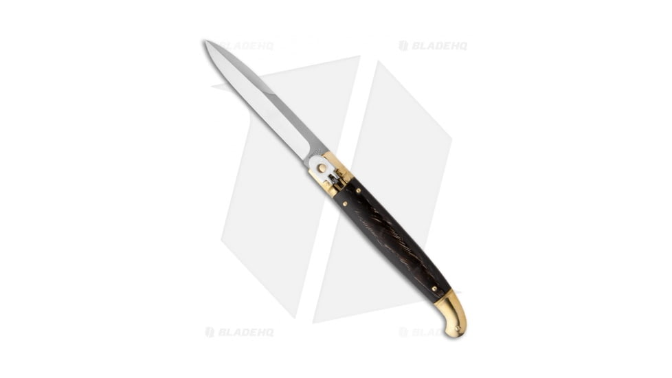 SKM 9.5 Sicilian Brass Automatic Folding Knife, 4.00in, Stainless Steel, Bayonet Blade, Dark Horn, Black Handle, Black/Gray, 9.50 inch, BHQ-19454