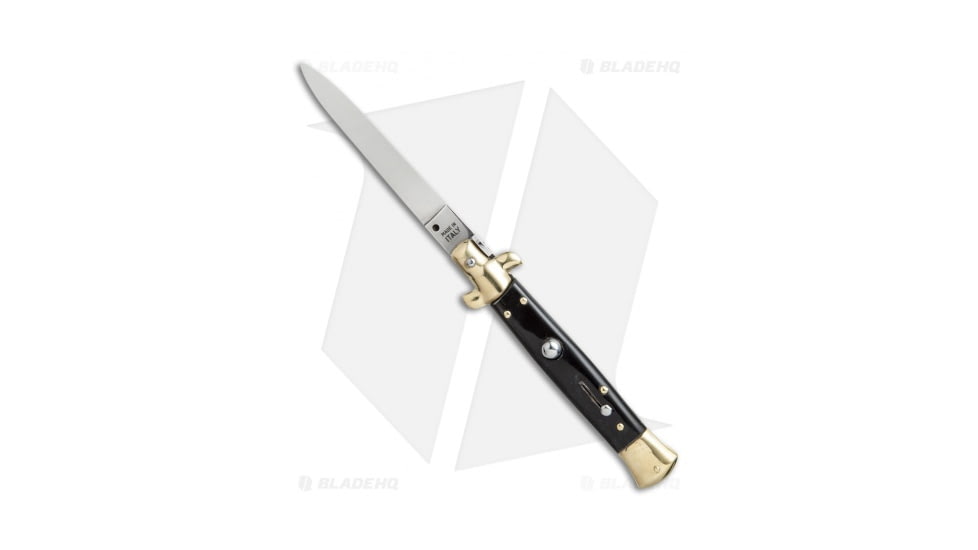 SKM 9 Italian Stiletto Automatic Folding Knife, 3.875in, Stainless Steel, Spear Point Blade, Dark Horn, Black Handle, Black/Steel, 8.875 inch, BHQ-51007