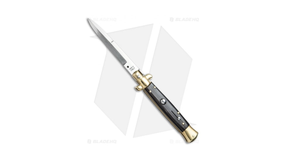 SKM 9 Italian Stiletto Automatic Folding Knife, 3.875in, Stainless Steel, Bayonet Blade, Dark Horn, Black Handle, Brass, Black/Steel, 8.875 inch, BHQ-51014