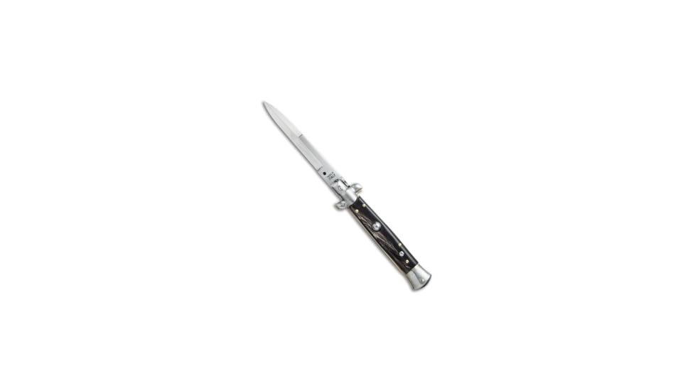 Skm SKM 9" Italian Stiletto Automatic Knife Dark Horn 4" Satin Bayonet, Black, Stainless Steel, adult, BHQ-51013