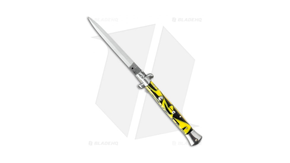 SKM AB 11 Italian Stiletto Automatic Folding Knife, 5.00in, Stainless Steel, Dagger Blade, Polymer, Yellow Handle, Killer Bee, Yellow/Steel, 11.00 inch, BHQ-51074