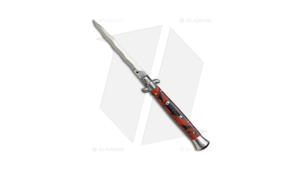 SKM AB 11 Italian Stiletto Automatic Folding Knife, 5.00in, Stainless Steel, Kriss Blade, Acrylic, Black/Red Handle, Red Swir, Black/Red/Steel, 11.00 inch, BHQ-51099