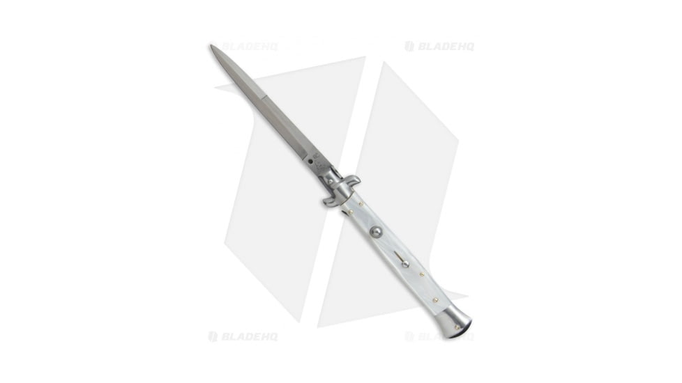 SKM AB 11 Italian Stiletto Automatic Folding Knife, 5.00in, Stainless Steel, Bayonet Blade, Acrylic, White Handle, Pearlex, White/Steel, 11.00 inch, BHQ-51123