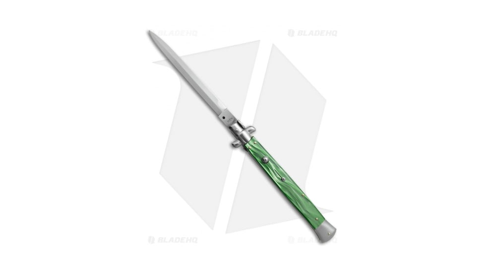 SKM AB 13 Italian Stiletto Automatic Folding Knife, 6.00in, Stainless Steel, Dagger Blade, Acrylic, Green Handle, Green/Steel, 13.00 inch, BHQ-75599