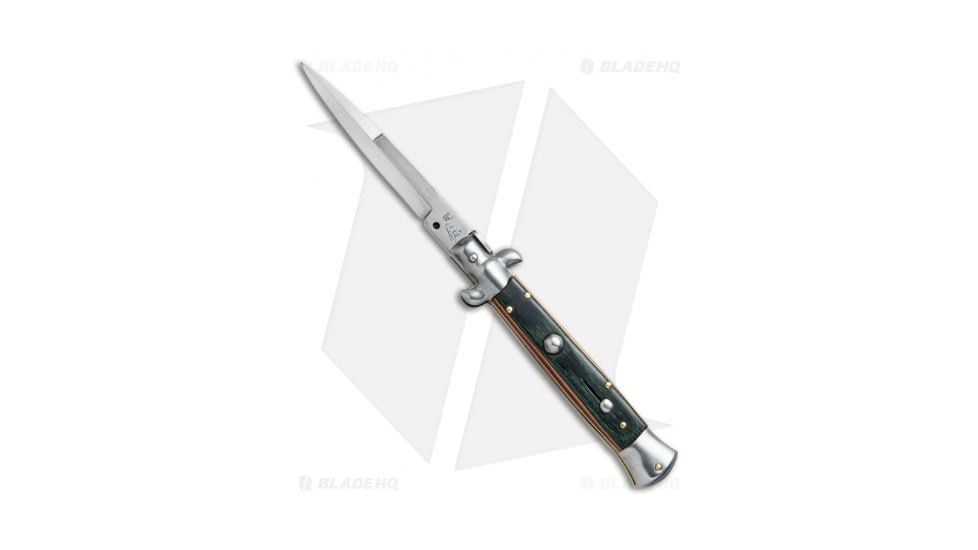 SKM AB 9 Italian Stiletto Automatic Folding Knife, 3.875in, Stainless Steel, Bayonet Blade, Staminawood, Green/Red/Wood Handle, Stamina, Green/Red/Wood/Steel, 8.875 inch, BHQ-51009