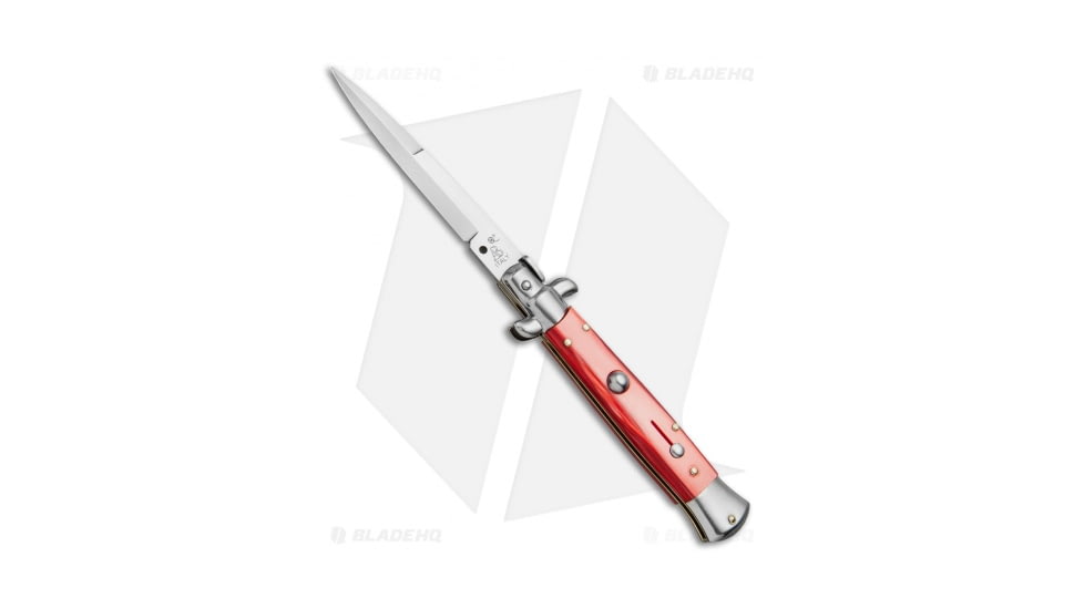 SKM AB 9 Italian Stiletto Automatic Folding Knife, 3.875in, Stainless Steel, Dagger Blade, Acrylic, Red Handle, Pearlex, Red/Steel, 8.875 inch, BHQ-69127