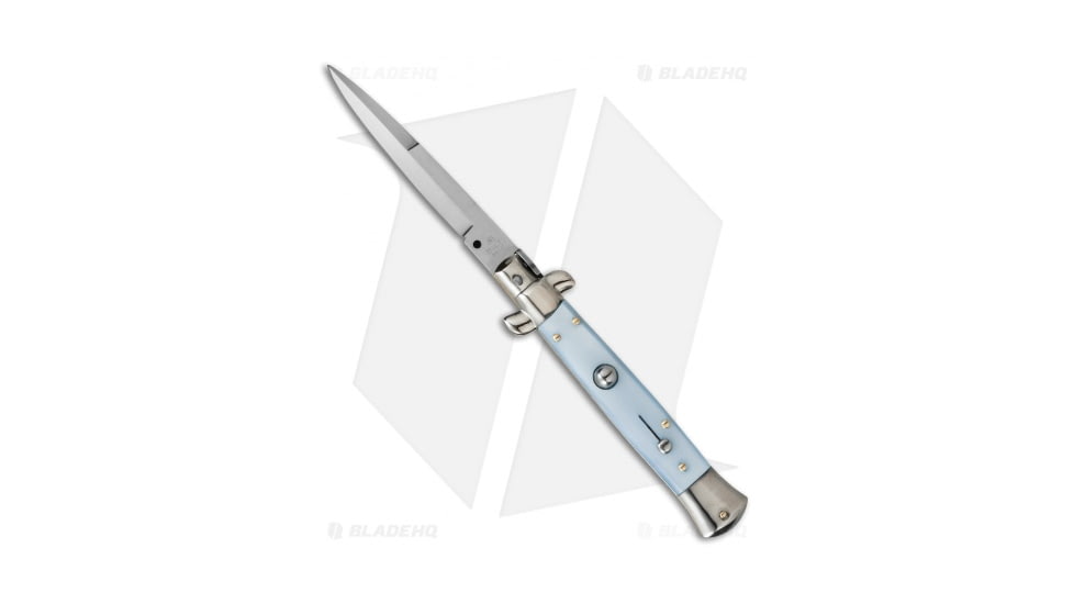 SKM AB 9 Italian Stiletto Automatic Folding Knife, 4.00in, Stainless Steel, Bayonet Blade, Acrylic, Blue Handle, Pearlex, Blue/Gray, 8.75 inch, BHQ-50981