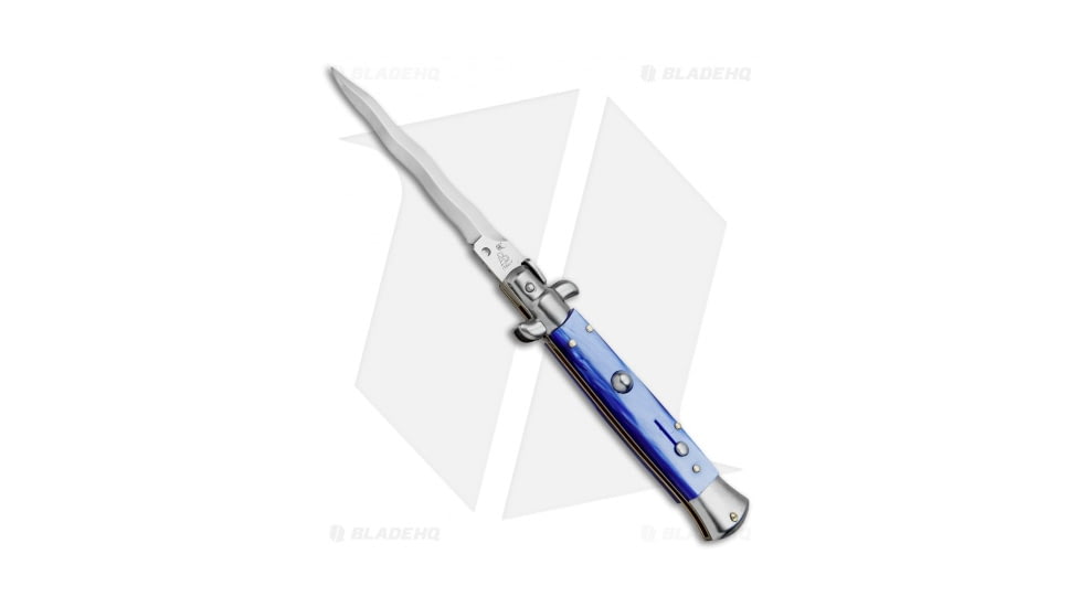 SKM AB 9 Italian Stiletto Automatic Folding Knife, 4.00in, Stainless Steel, Kriss Blade, Acrylic, Blue Handle, Pearlex, Blue/Gray, 8.75 inch, BHQ-71223