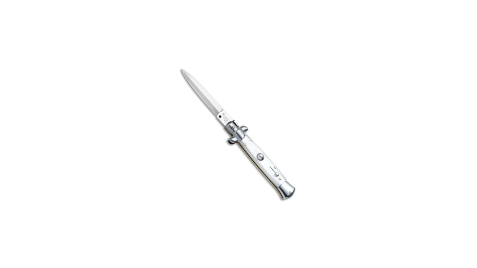 Skm SKM AB 9&quot; Italian Stiletto Automatic Knife White Pearlex 3.8&quot; Satin Dagger, White, Stainless Steel, adult, BHQ-51170