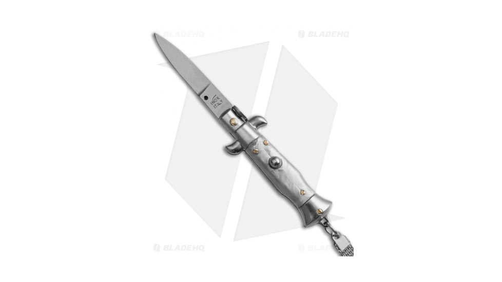 SKM Italian Stiletto Keychain, 1.125in, Stainless Steel, Spear Point Blade, Acrylic, Silver/Teal Handle, Silver/Teal/Gray, 2.75 inch, BHQ-102942