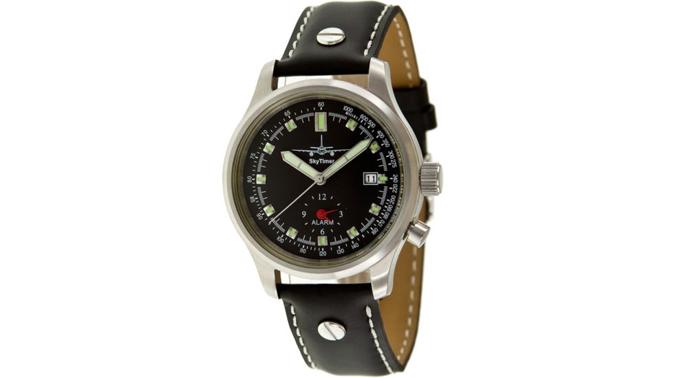 Skytimer 503225012 Quartz Alarm Mens Watch - Black Dial, black Leather Strap