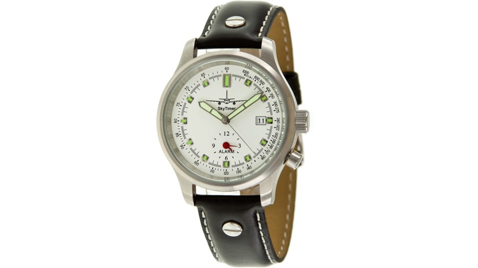 Skytimer 503225013 Quartz Alarm Mens Watch - White Dial, Black Leather Strap