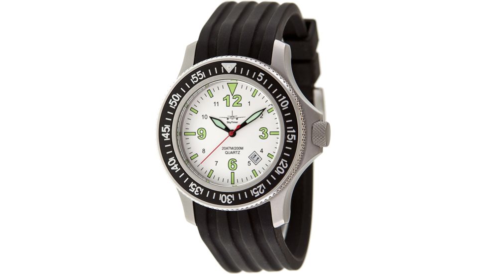 Skytimer 503305002 Quartz Diver Mens Watch - Black Bezel, White Dial, Lime Markings, Black Strap