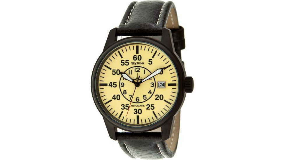 Skytimer 510605426 Automatic Pilot Mens Watch - Leather Strap, Yellow Dial