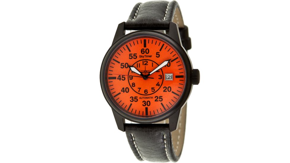 Skytimer 510605427 Automatic Pilot Mens Watch - Leather Strap, Orange Dial