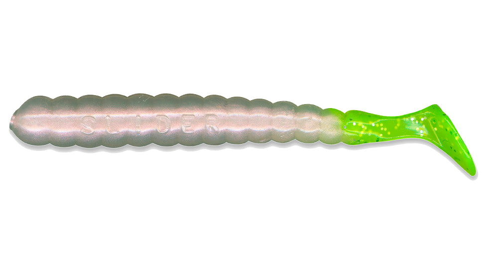 Slider Bass/Walleye Grub, 3, 3in, Pearl White/Chartreuse Tail, SBGF35-W
